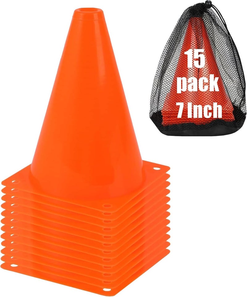 Aphrolin 7 Inch Soccer Cones with Carry Bag,15 Pcs Sports Training Cones, Basketball Football Skating Drills Cones, Small Plastic Agility Marker Cone For Indoor and Outdoor Games,Orange Mini Traffic Cones - Image 1
